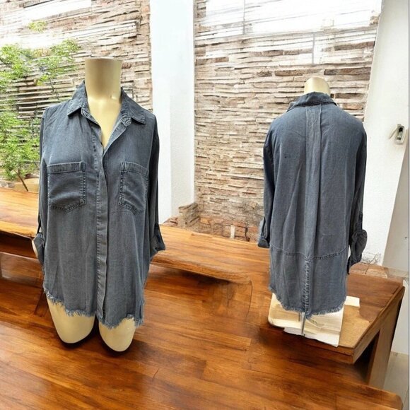 Heart velvet blouse, women,Jeans,size M,blue,Tencel,long sleeves,pockets, button - Picture 1 of 13